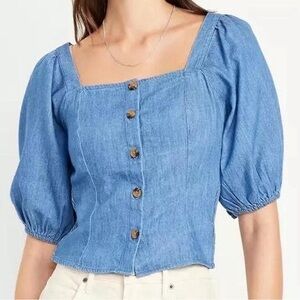Old Navy Blue Denim Puff Sleeve Blouse